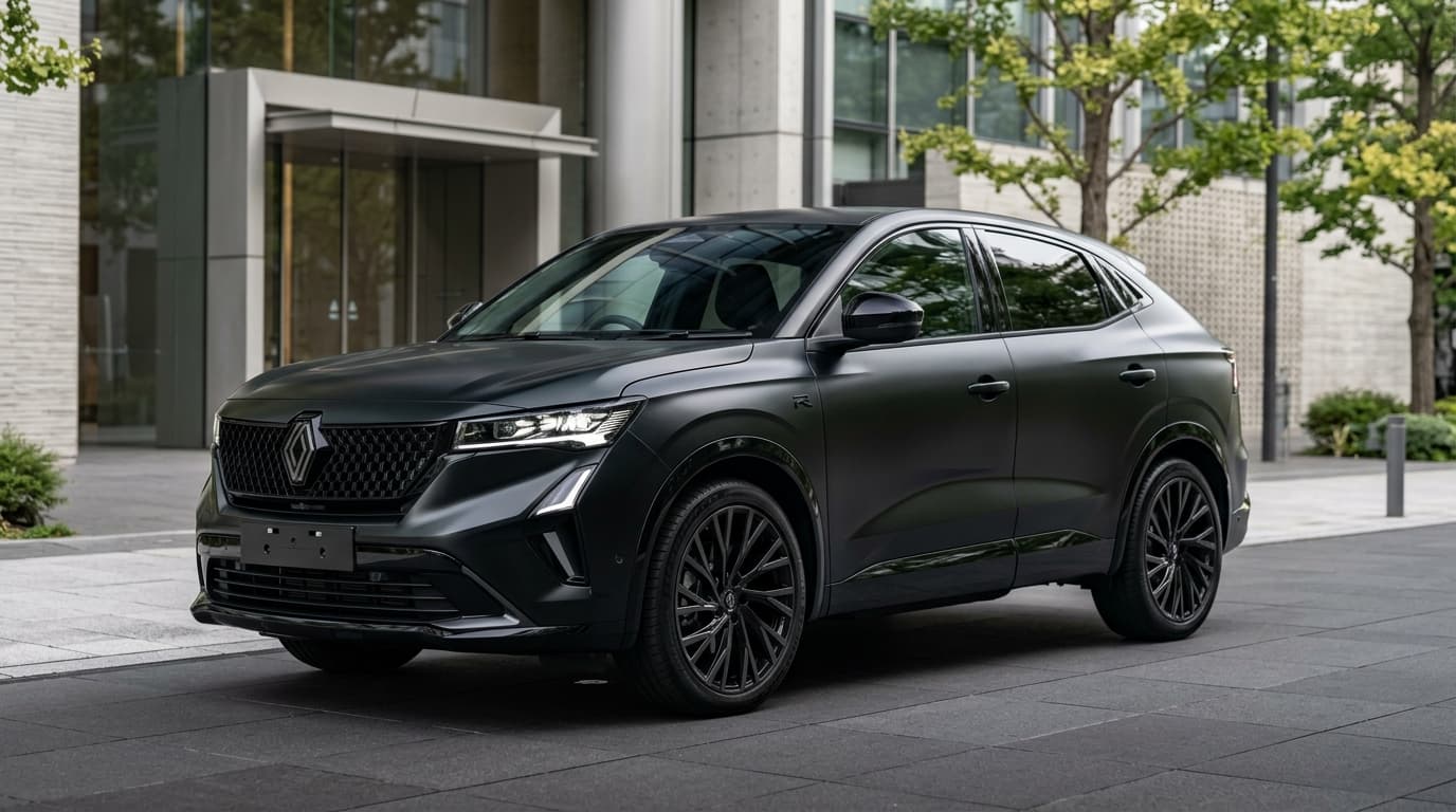 Renault Rafale Hypnotic in Smaragd-Schwarz satiniert von vorne-seitlich fotografiert, mit 21-Zoll-Rädern und schwarzen Details.