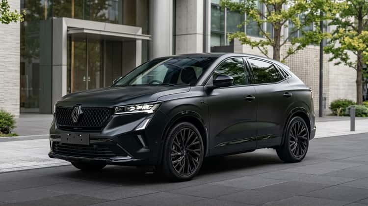Renault Rafale Hypnotic in Smaragd-Schwarz satiniert von vorne-seitlich fotografiert, mit 21-Zoll-Rädern und schwarzen Details.