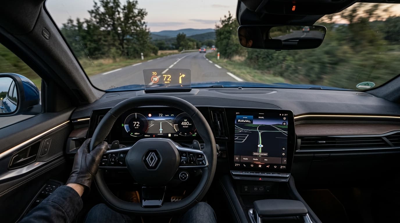 Interieur des Renault Rafale Hypnotic mit modernem Armaturenbrett, Lenkrad und Head-up-Display.