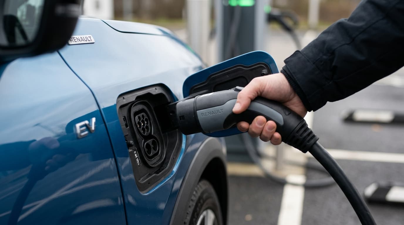 Ladeport mit Schnelllader-Stecker beim Laden eines Renault Scenic E-Tech Electric