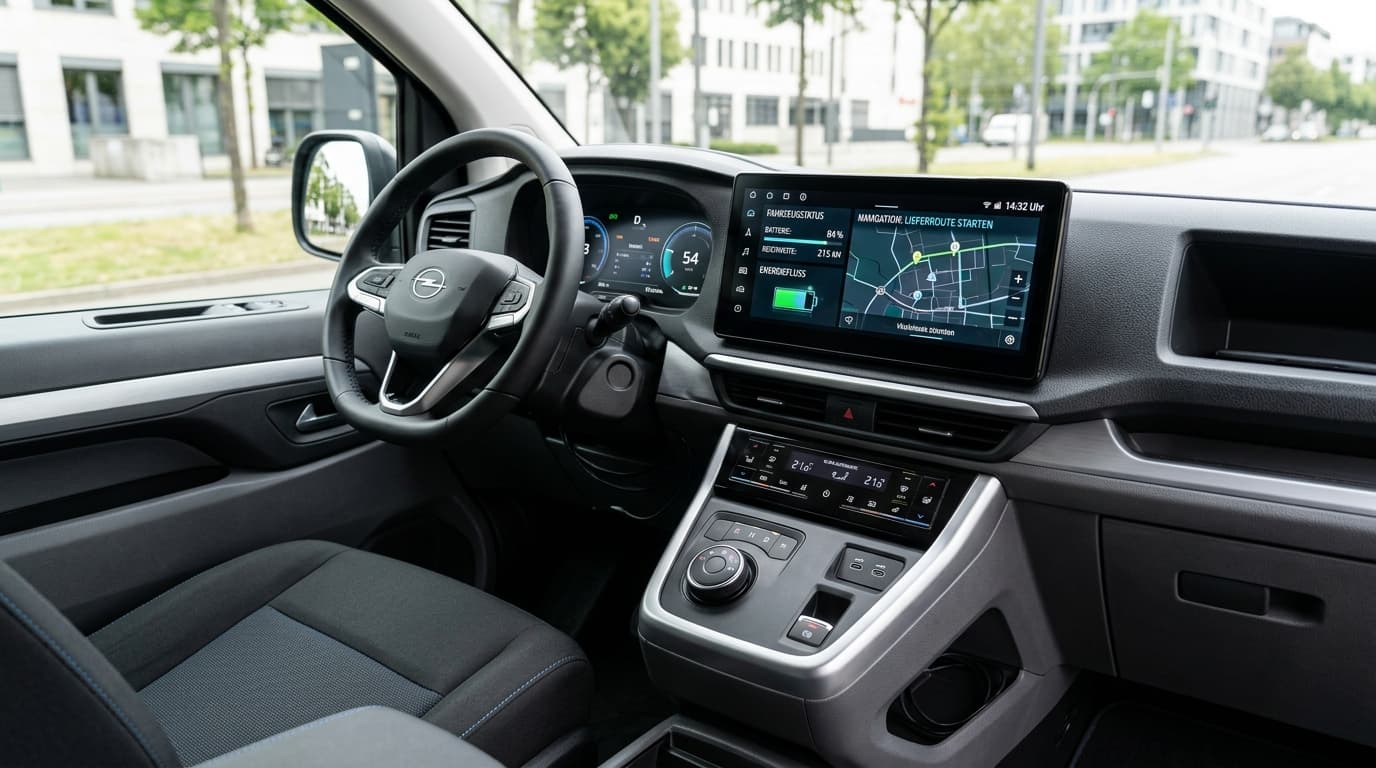 Blick in das Cockpit eines modernen Elektro-Transporters mit digitalen Anzeigelementen