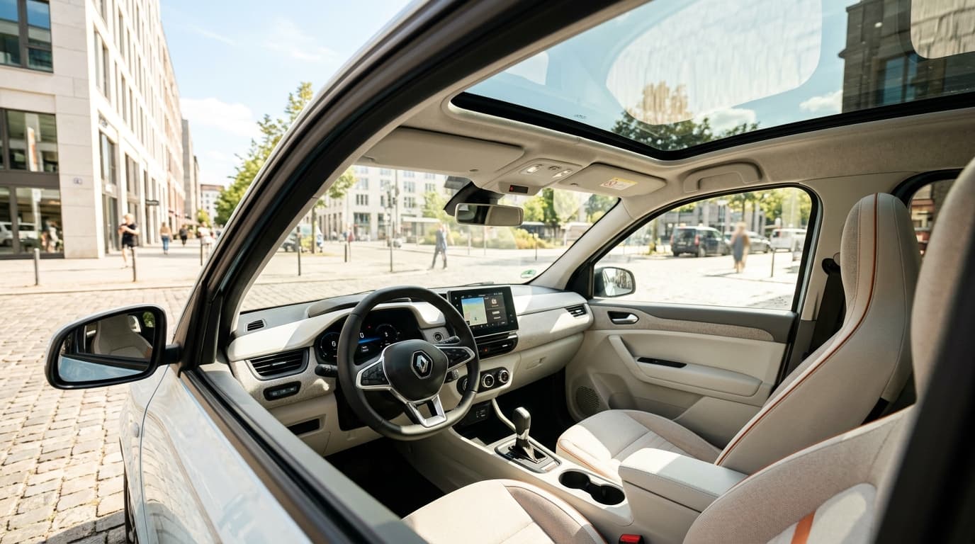 Renault Twingo E-Tech mit Panorama-Glasdach, Innenansicht mit Tageslicht von oben.