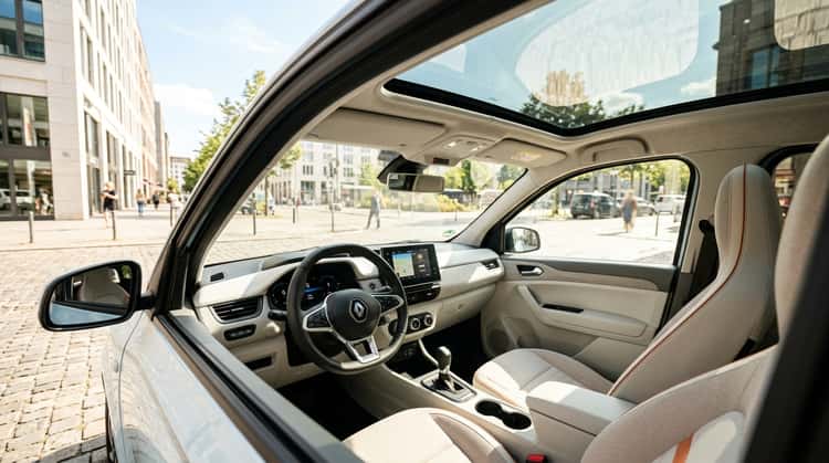 Renault Twingo E-Tech mit Panorama-Glasdach, Innenansicht mit Tageslicht von oben.