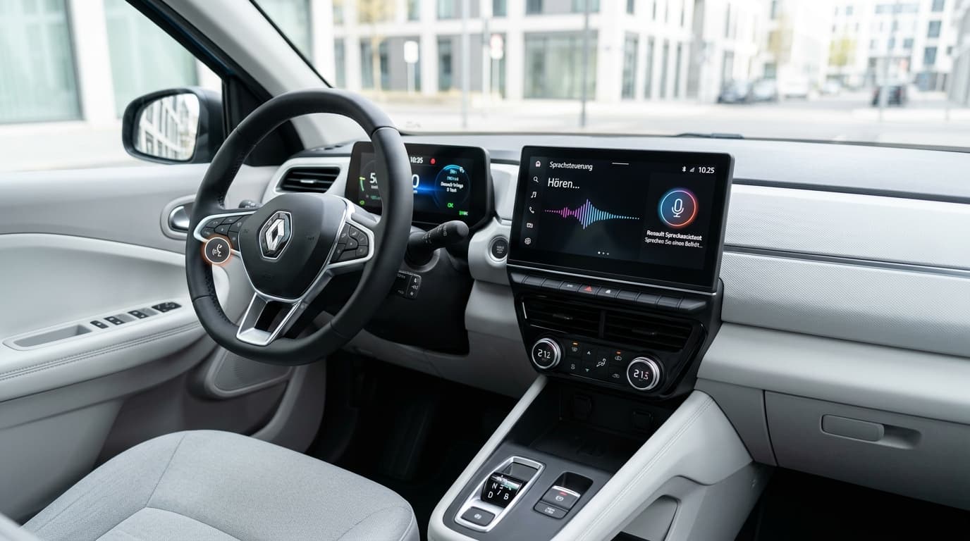 Cockpit des Renault Twingo E-Tech mit zentralem Display und Bedienoberfläche für die Sprachsteuerung.