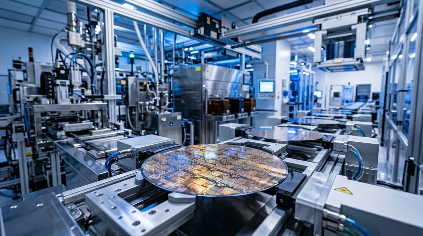 Halbleiter-Chips in einer modernen Produktionsstätte unter sterilen Bedingungen