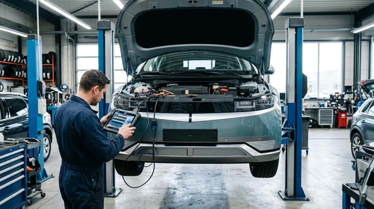 Ein Hyundai Ioniq 5 steht in einer Werkstatt auf der Hebebühne, ein Techniker arbeitet mit Diagnosegerät an der Steuereinheit.