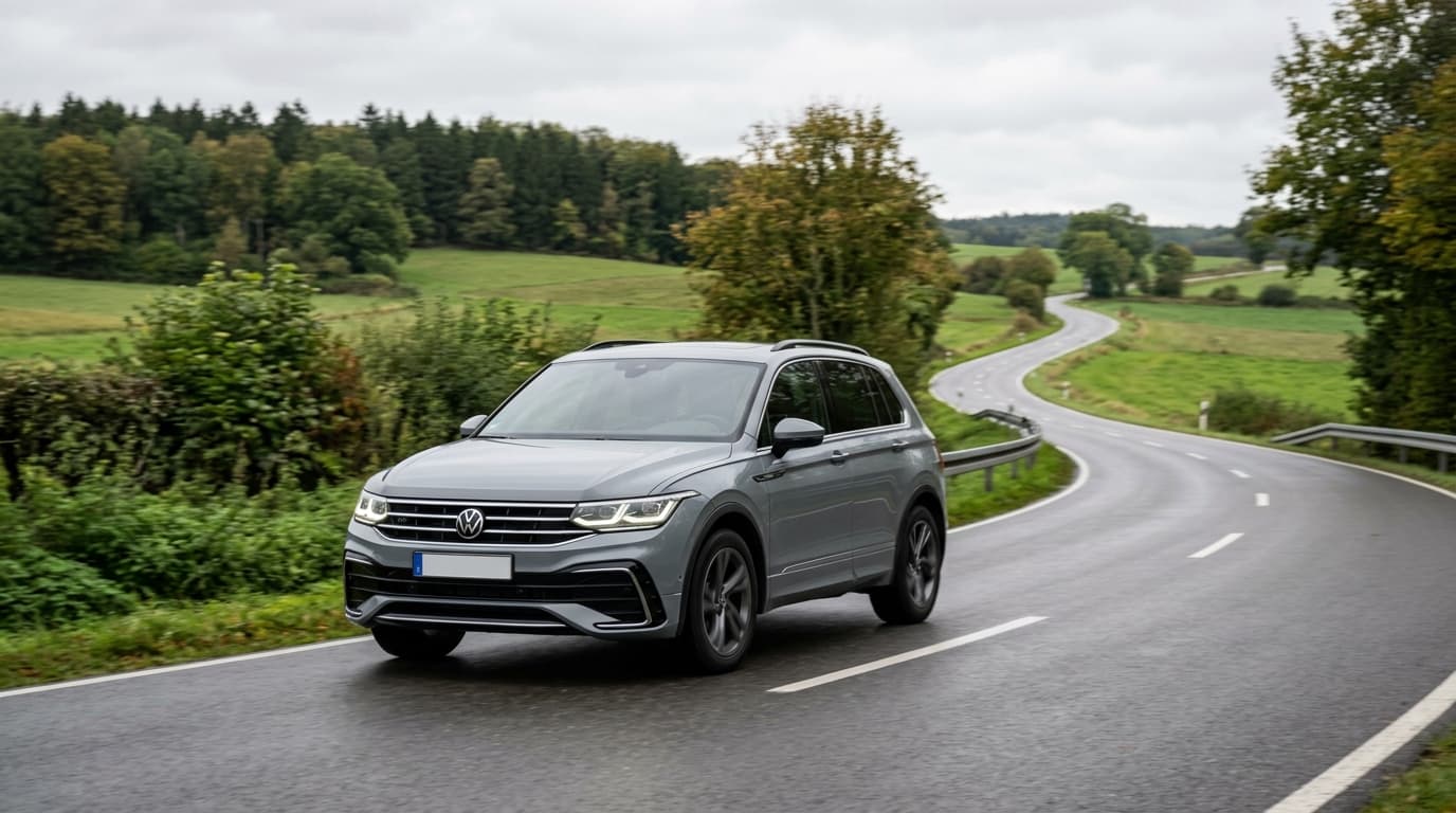 Frontansicht eines VW Tiguan während der Fahrt auf einer Landstraße