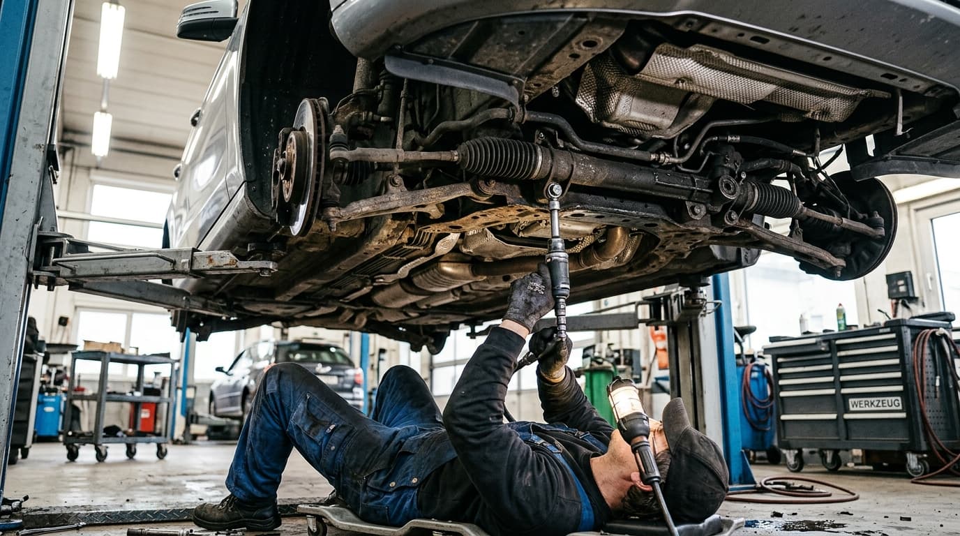 Ein Mechaniker in einer Werkstatt arbeitet an der Lenkungsverschraubung eines Fahrzeugs, um eine Befestigungsschraube auszutauschen