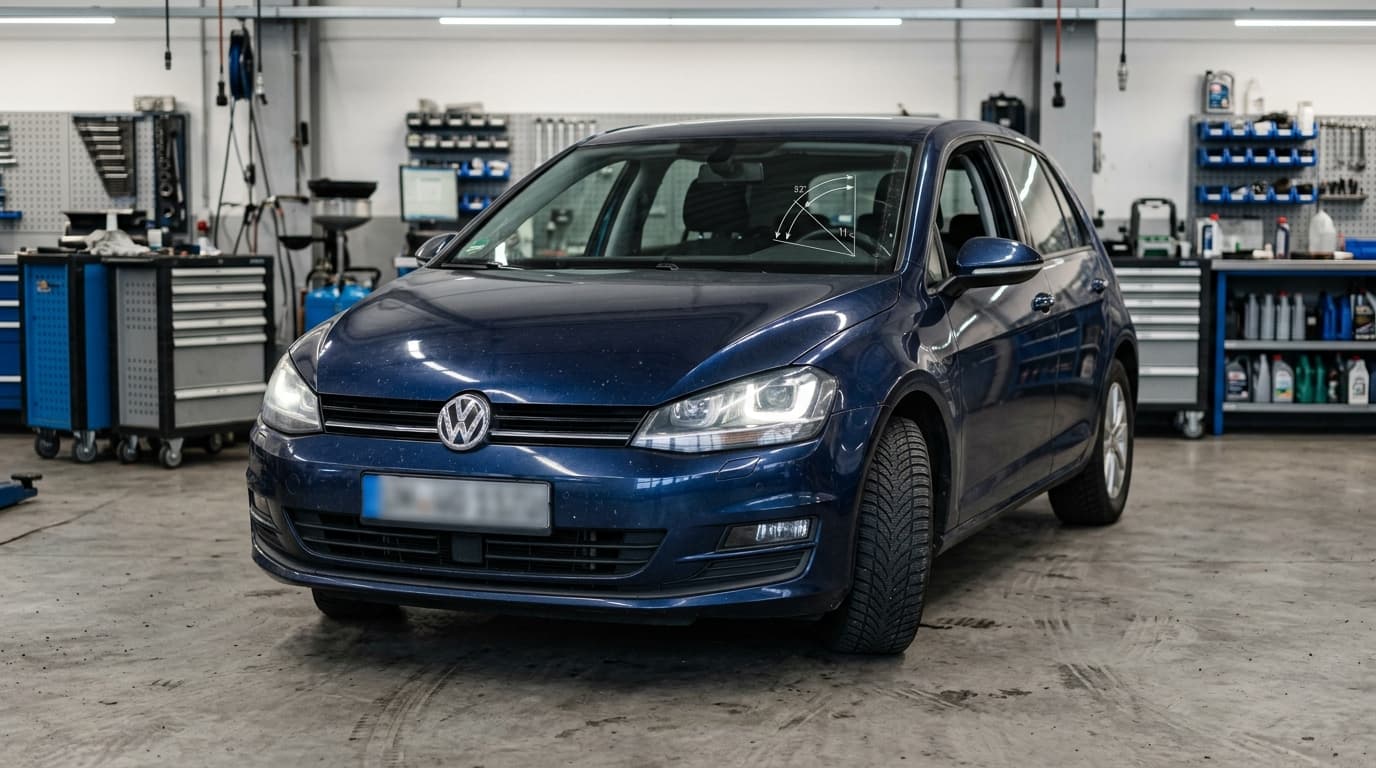 Ein Volkswagen Golf in einer Werkstatt unter heller Beleuchtung, bereit zur Inspektion.