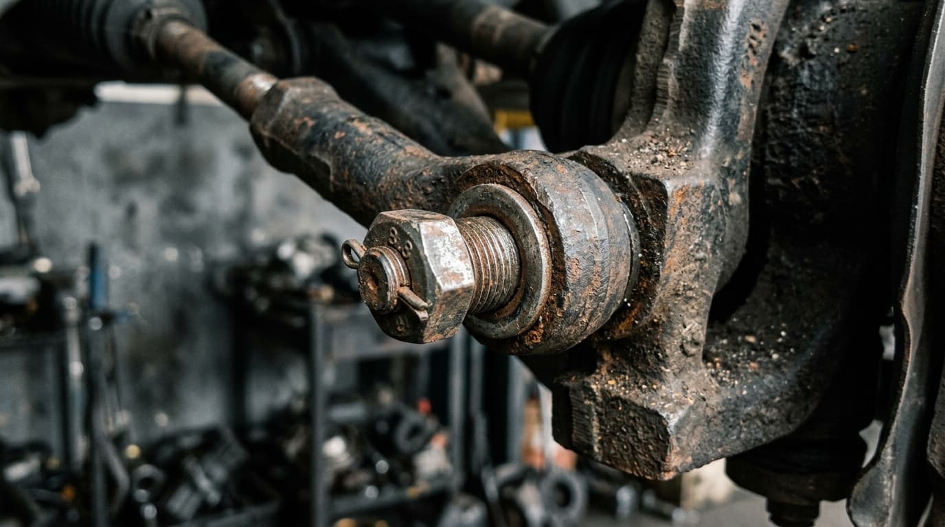 Detailaufnahme einer korrodierten Schraube an einer Lenkungskomponente unter werkstatt-artiger Beleuchtung.