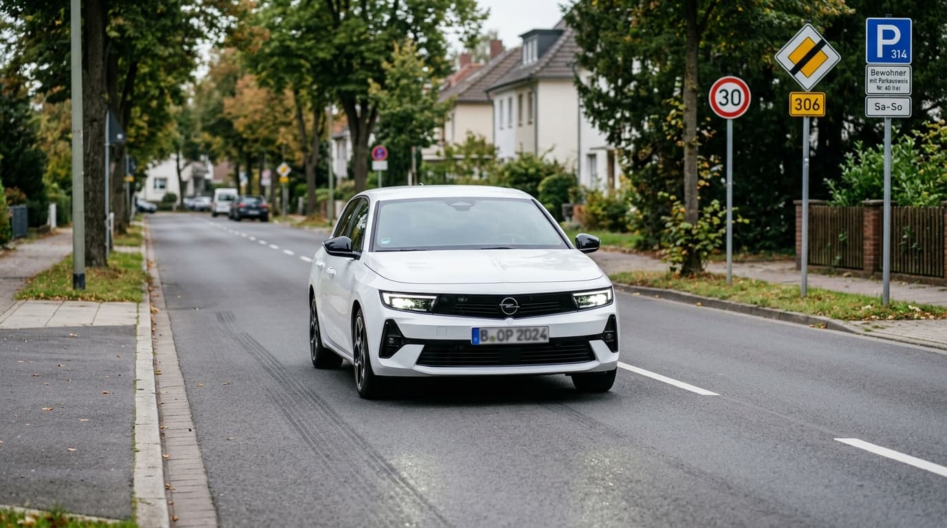 Ein Opel Astra L steht auf einer Straße mit Verkehrsschildern