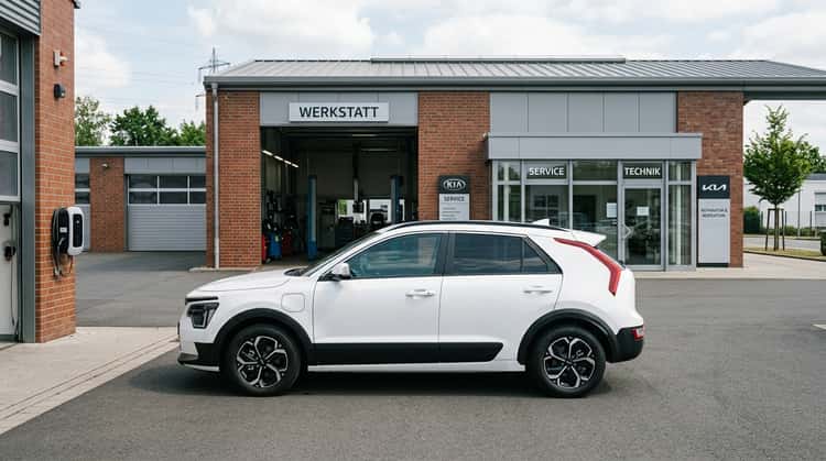 Ein Kia Niro EV in Seitenansicht parkt vor einer Autowerkstatt