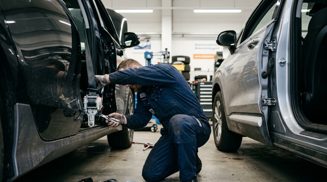 Ein Hyundai Ioniq 6 und ein Hyundai Santa Fe stehen in einer Werkstatt. Ein Mechaniker inspiziert die untere äußere Verankerung der Sicherheitsgurte im Bereich der Fahrzeugtür.