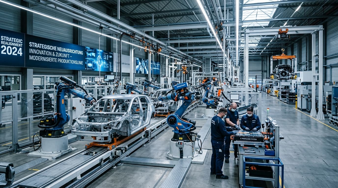 Produktionshalle eines Automobilwerks mit Robotern und Arbeitern an der Montagelinie