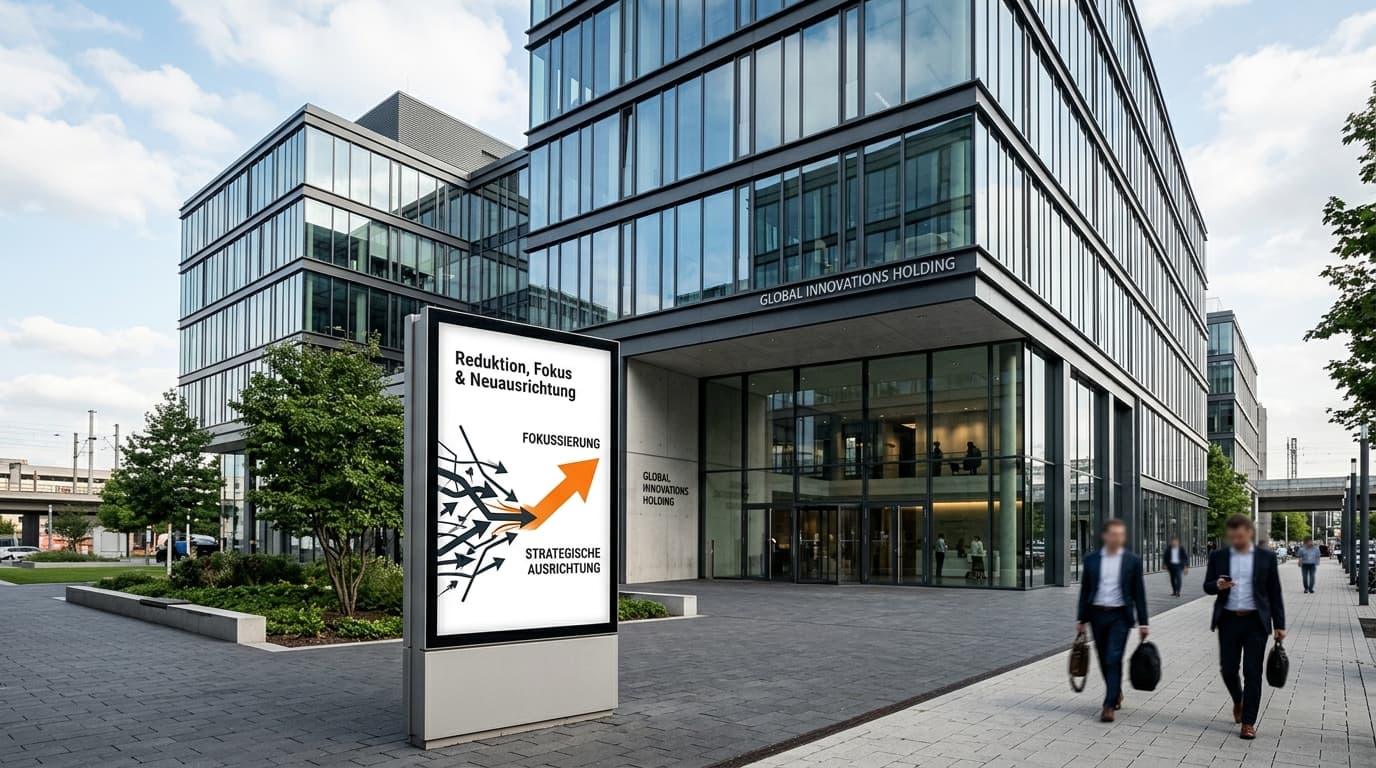 Moderne Konzernzentrale mit klarer Architektur, symbolisiert strategische Neuausrichtung