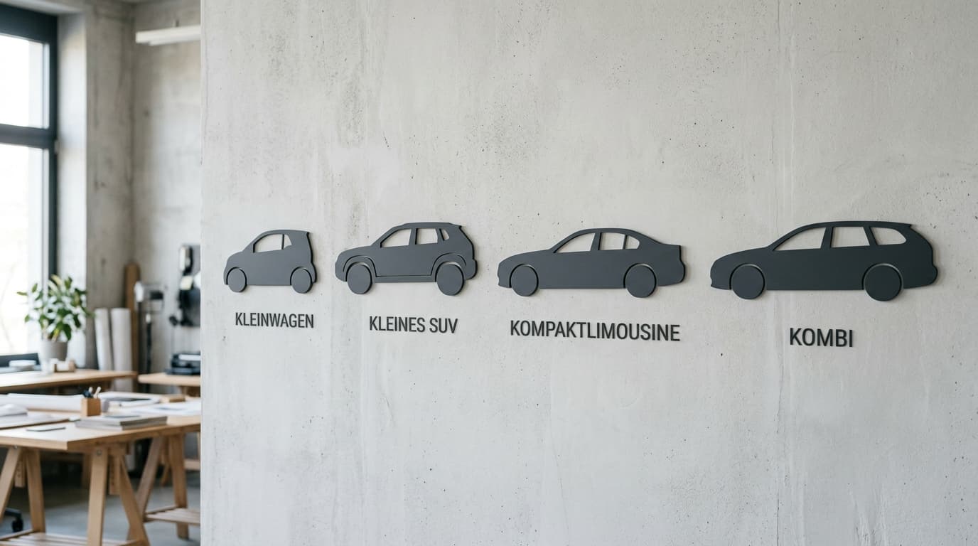 Grafische Darstellung von vier Fahrzeugklassen: Kleinwagen, SUV, Limousine und Kombi