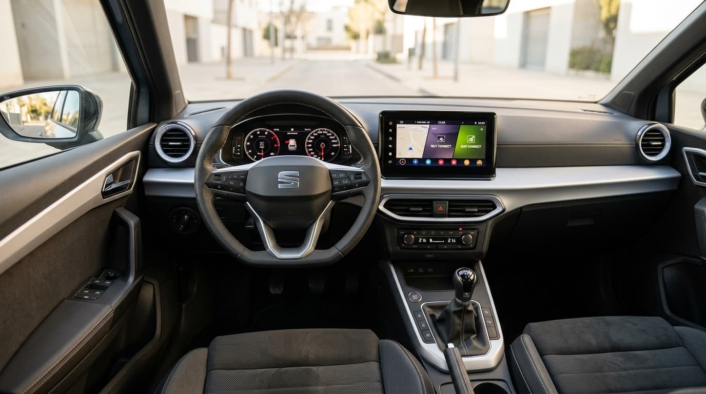 Detailansicht des überarbeiteten Innenraums des SEAT Ibiza mit neuem Lederlenkrad und aktualisiertem Infotainment-System.