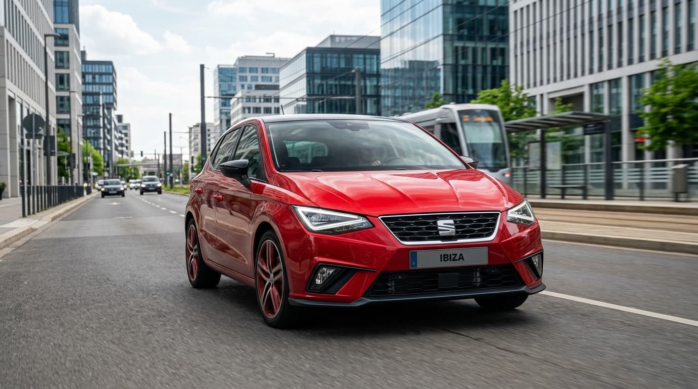 Frontansicht des überarbeiteten Seat Ibiza mit neuem sechseckigen Kühlergrill und schmalen LED-Scheinwerfern