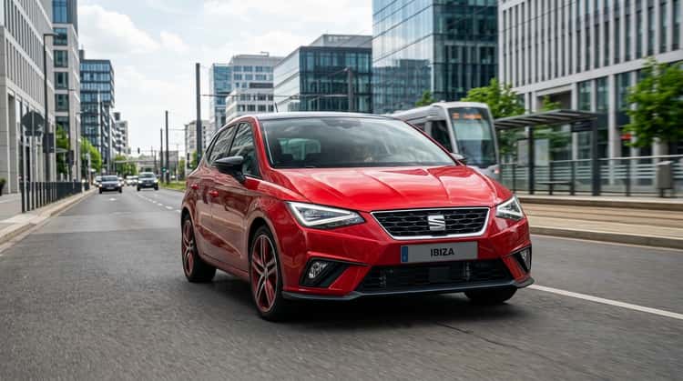 Frontansicht des überarbeiteten Seat Ibiza mit neuem sechseckigen Kühlergrill und schmalen LED-Scheinwerfern