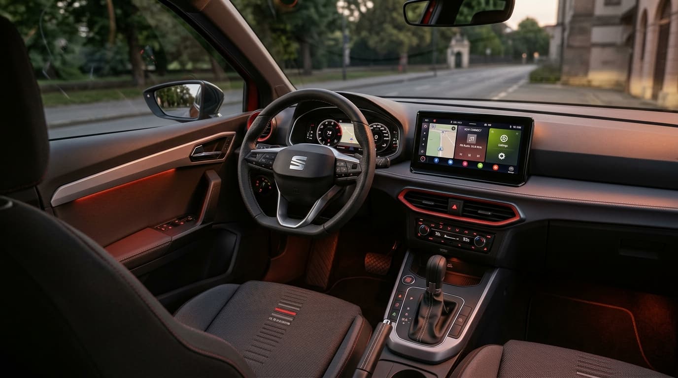 Innenraum des Seat Ibiza mit neuem Lederlenkrad und 9,2-Zoll-Display, hochwertige Materialien und weiche Oberflächenfinish