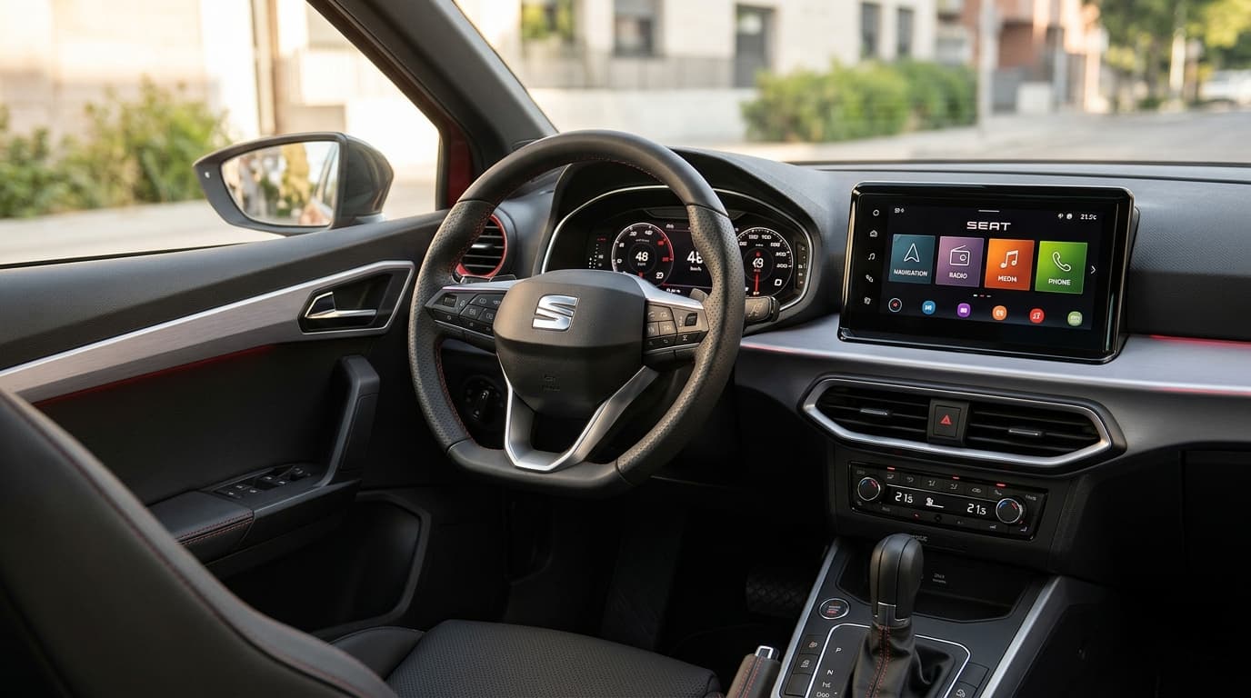 Innenraum des überarbeiteten SEAT Ibiza mit Nappa-Lederlenker und frei stehendem Infotainment-Display