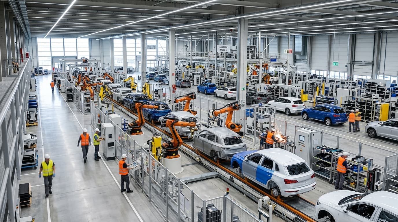 Automobilfabrik mit Produktionslinie und Robotern bei der Fertigung von Fahrzeugen