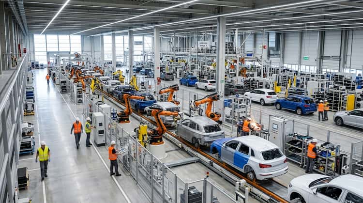 Automobilfabrik mit Produktionslinie und Robotern bei der Fertigung von Fahrzeugen