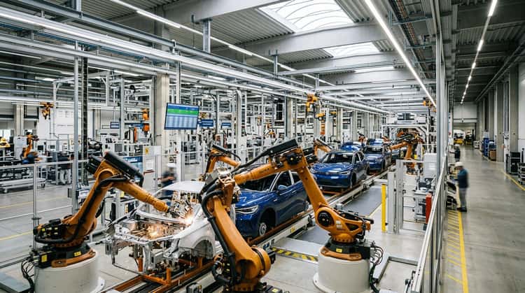Blick in eine moderne Automobilfabrik mit Fertigungsrobotern und Produktionsstraße