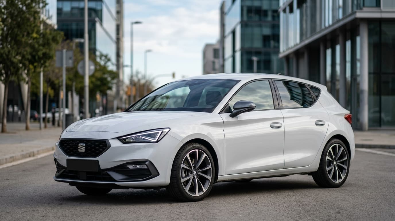 Der Seat Leon 2026 in Dreiviertelseitenansicht, moderne Kompaktlimousine mit überarbeiteter Front, Tageslicht