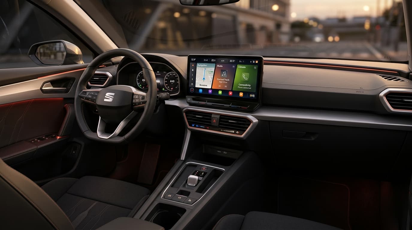 Cockpit des Seat Leon 2026 mit dem neuen 12,9-Zoll-Display und beleuchteten Touch-Schiebereglern darunter