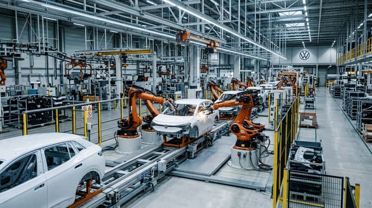 Industrielle Produktionsstätte mit Robotern und Montageausrüstung in einer modernen Fabrikhalle