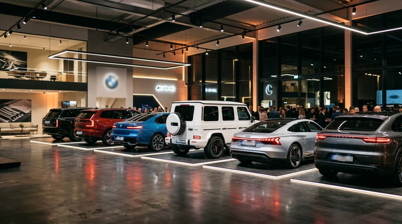 Fahrzeuge verschiedener Marken in einem modernen Ausstellungsraum