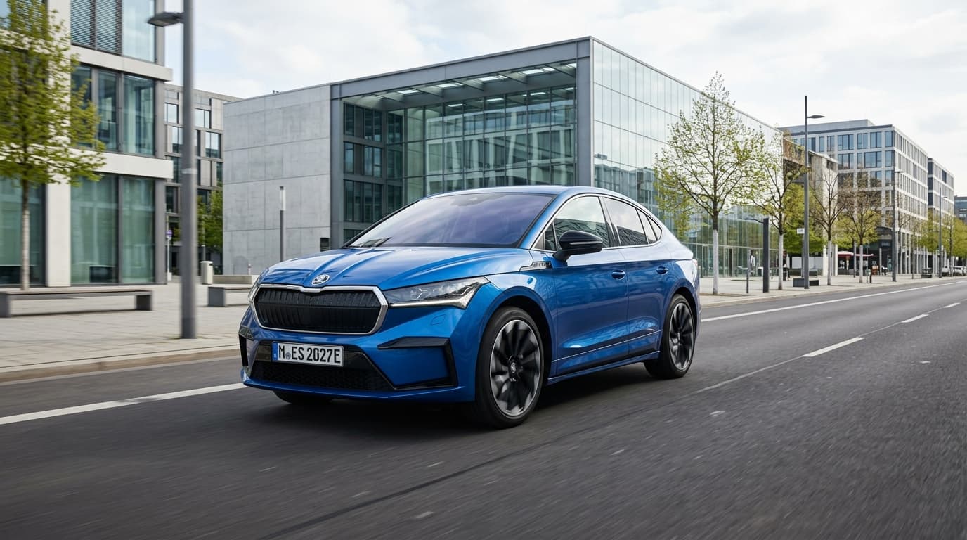 Der Škoda Enyaq 2027 in Blaumetallic, Dreiviertel-Frontansicht auf einer modernen Straße