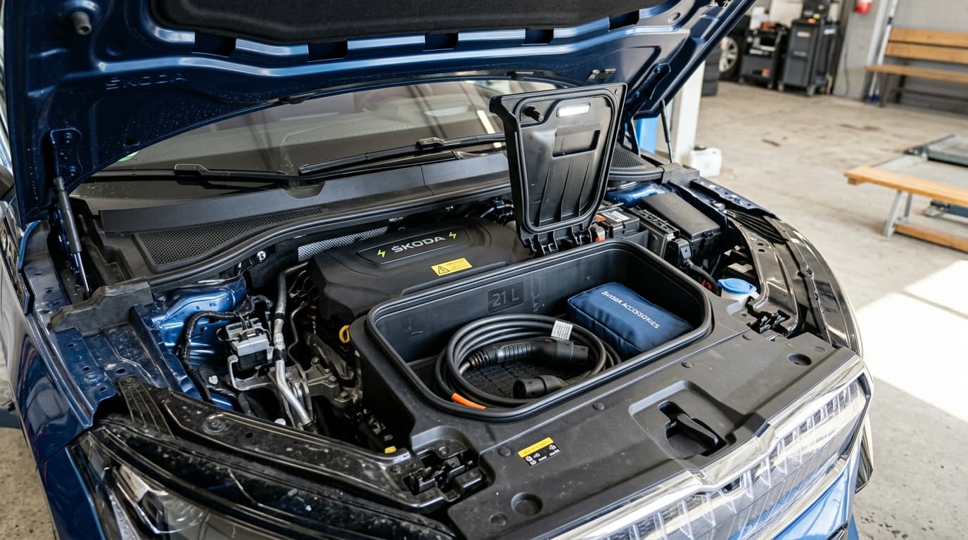 Der neue Frunk des Škoda Enyaq 2027 mit offener Haube, Stauraum unter der Motorhaube