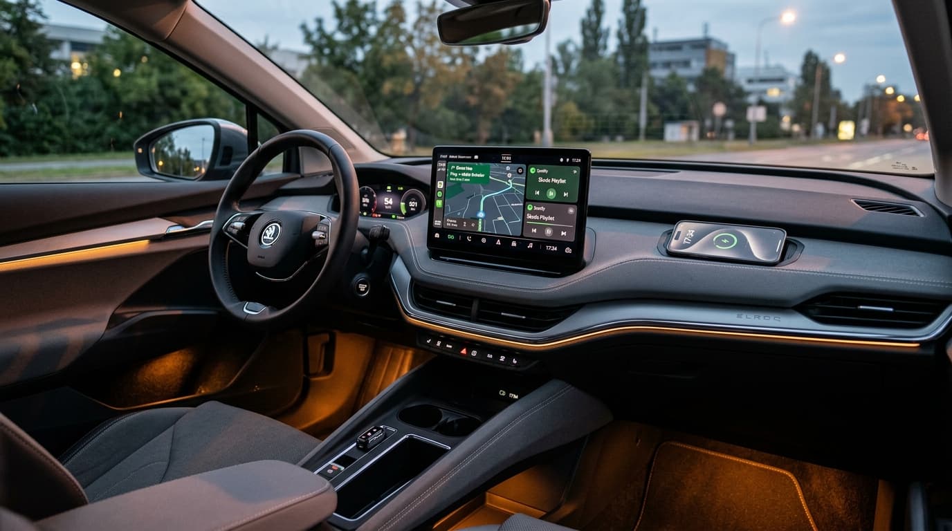 Interieur des Škoda Elroq mit neuem Infotainment-System und Qi2-Phonebox