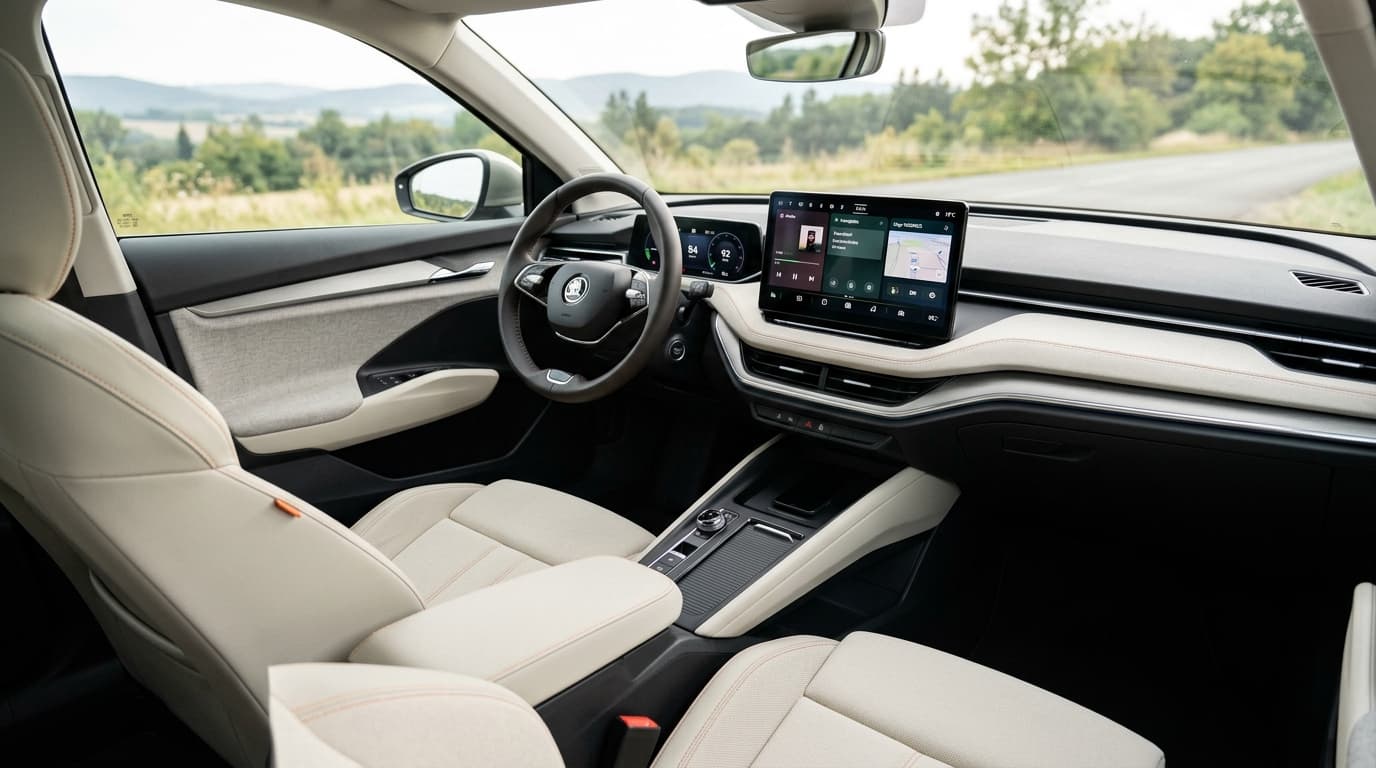 Der Innenraum des Škoda Epiq 40 mit modernem Cockpit, digitalem Infotainment und komfortablem Interieur.