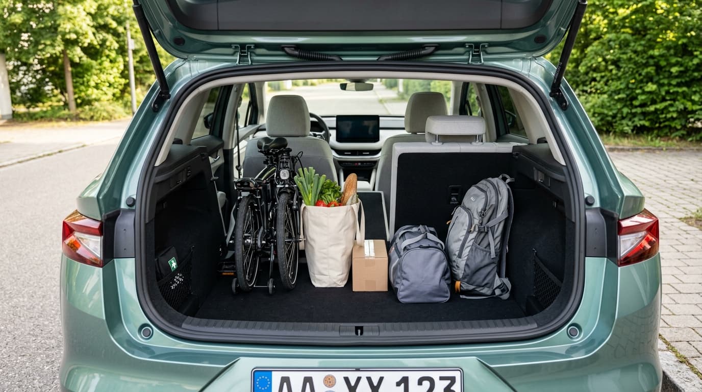 Offene Heckklappe des Škoda Epiq mit Blick auf den 475 Liter großen Kofferraum