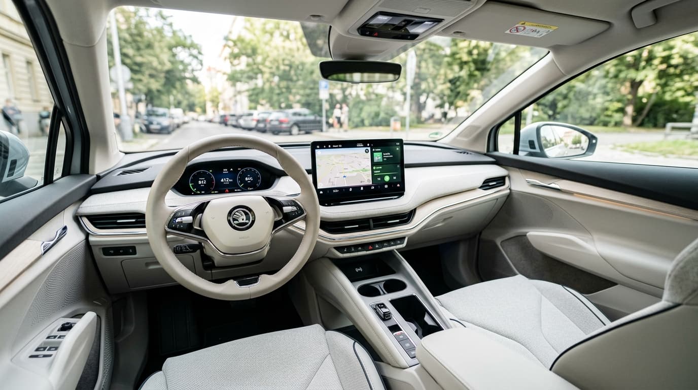 Blick in den Innenraum des Škoda Epiq mit modernem Lenkrad und Infotainment-Display