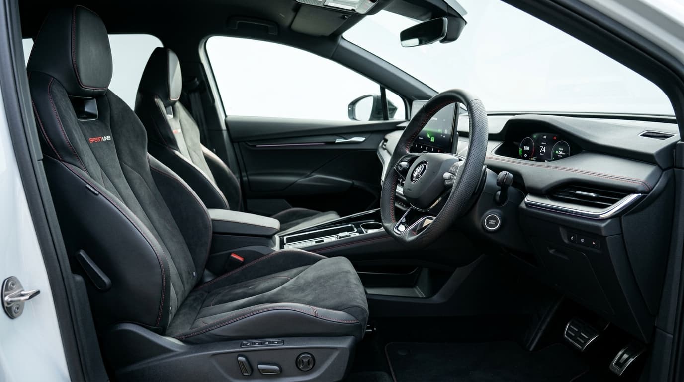 Interieur des Škoda Epiq Sportline mit beheizbarem Sportlenkrad und Sportsitzen