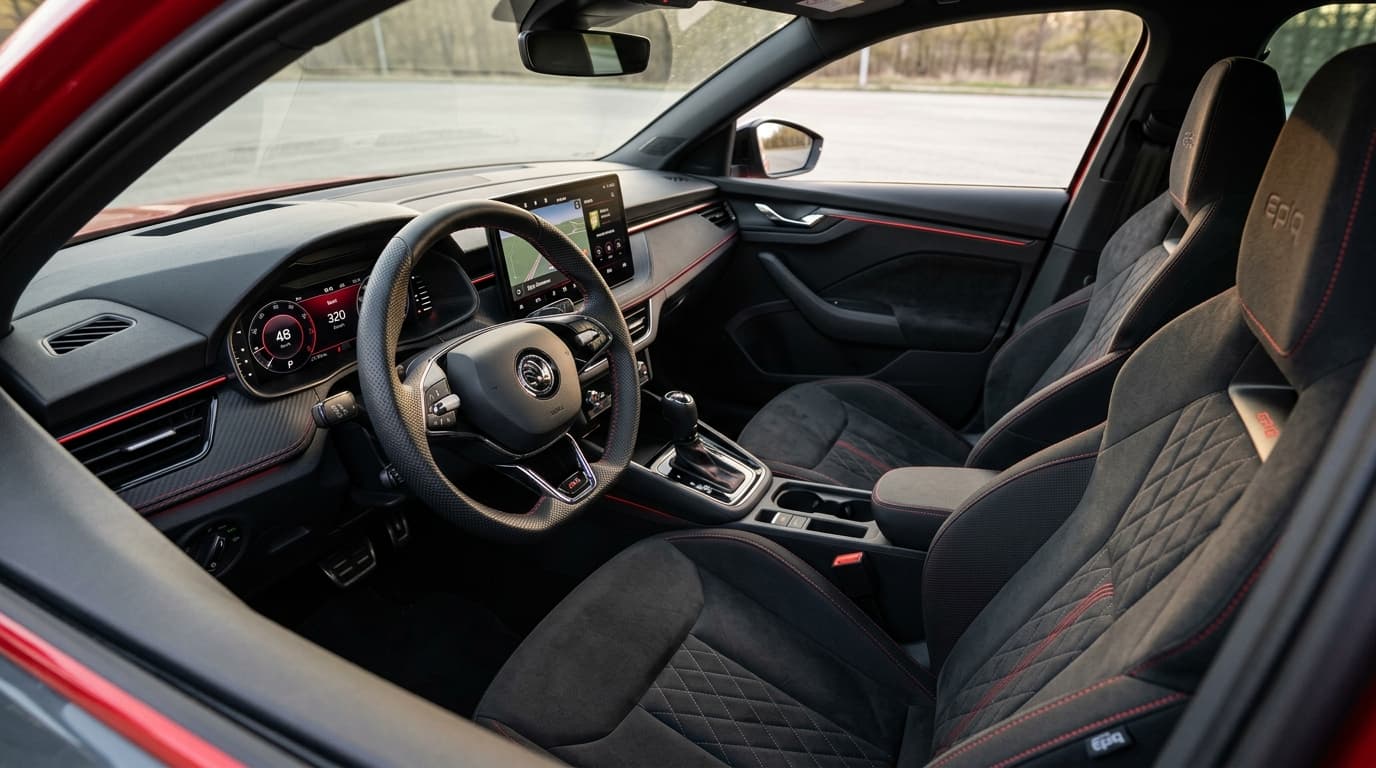 Innenraum des Škoda Epiq Sportline mit Sportsitzen und Sportlenkrad