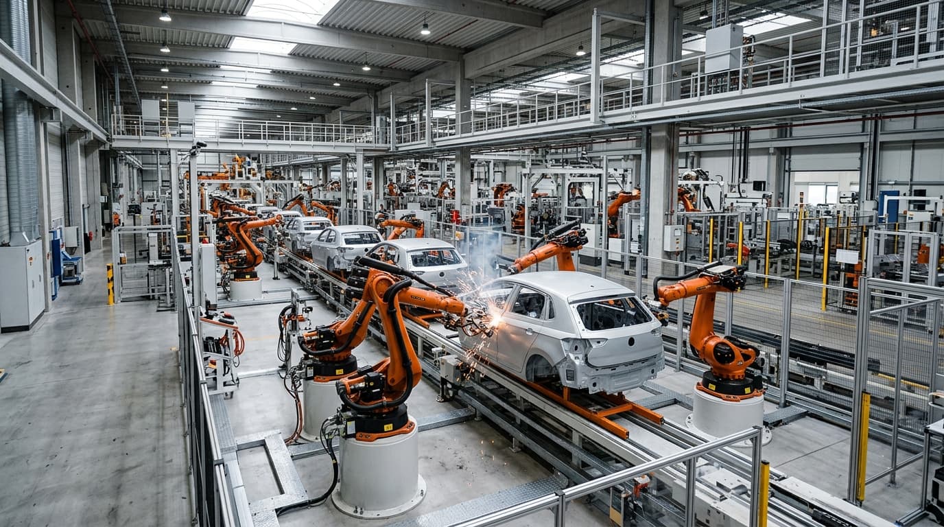 Eine moderne Produktionshalle mit automatisierter Fertigungstechnik, symbolisierend für die Kostensparmaßnahmen des VW-Konzerns