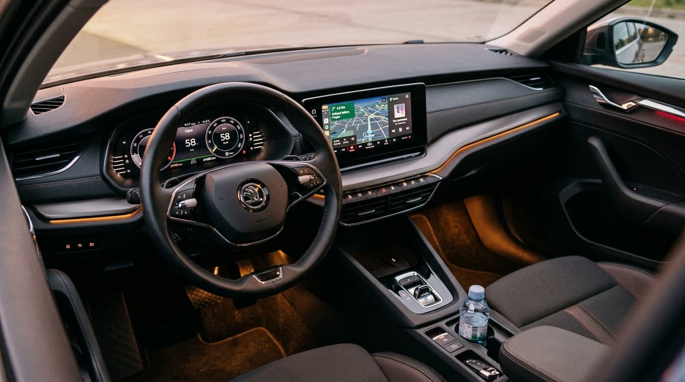 Interieur eines Škoda Octavia mit digitalem Virtual Cockpit und Infotainmentsystem