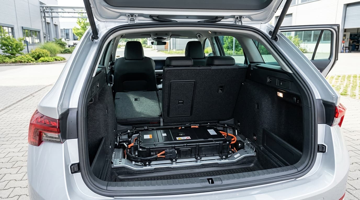 Blick in den Kofferraum und unter die Rücksitzbank einer Škoda Octavia, wo die 1,6-kWh-Hybridbatterie untergebracht ist