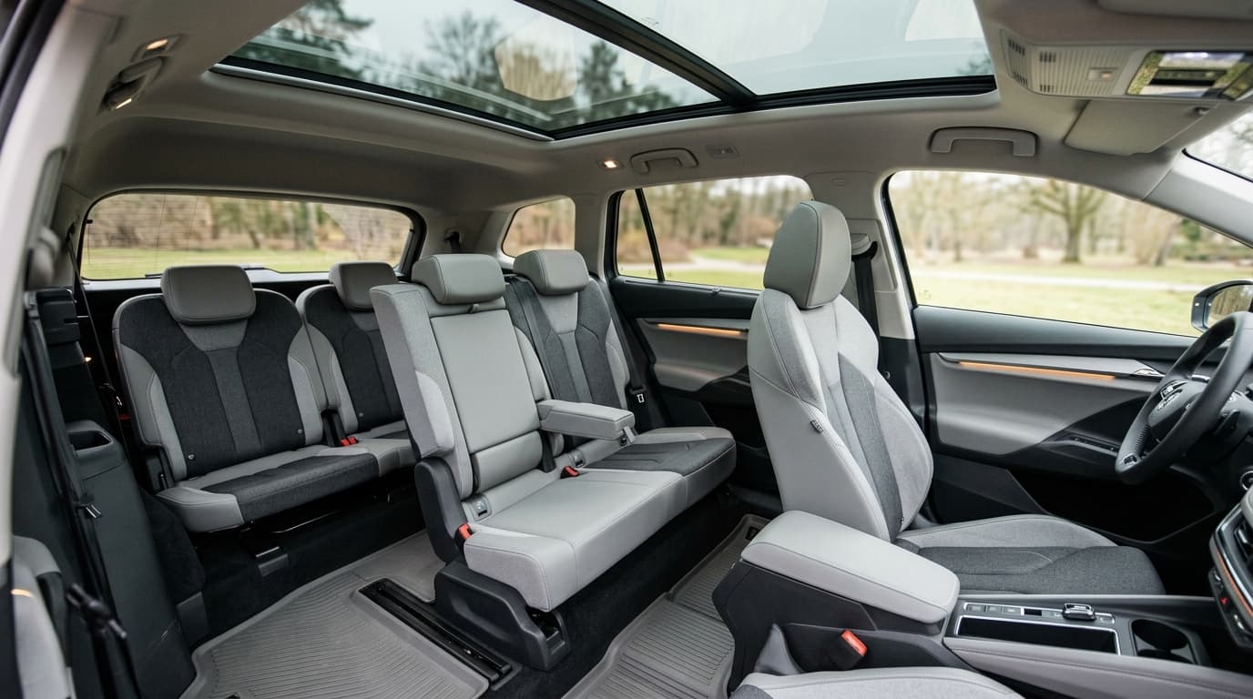 Blick in den Innenraum des Skoda Peaq mit drei vollständigen Sitzreihen