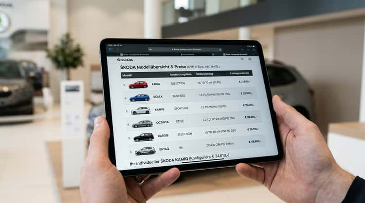 Nahaufnahme eines Tablets mit einem Škoda-Konfigurator, auf dem verschiedene Modelle und ihre Preise angezeigt werden.