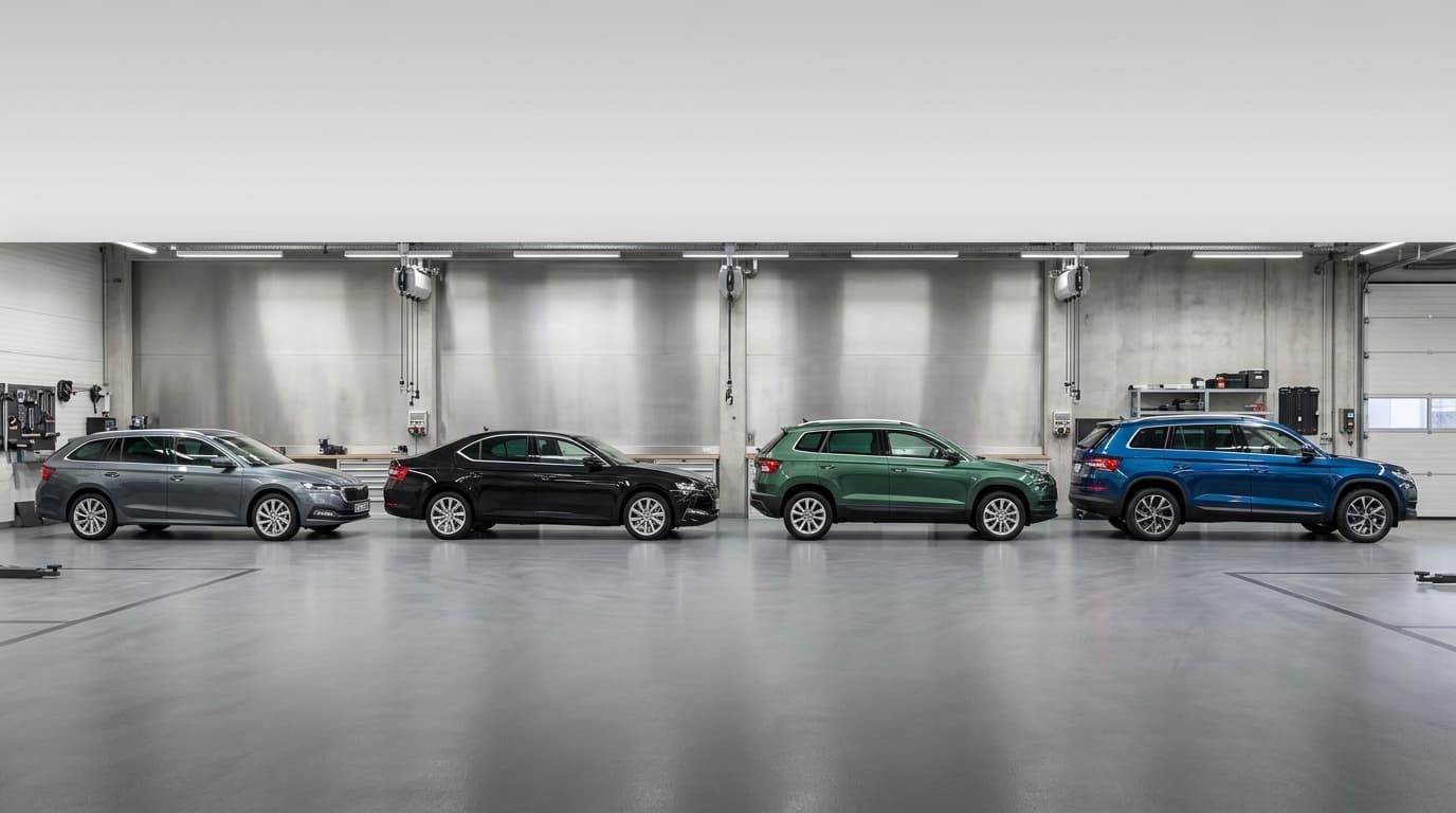 Vier Škoda-Modelle nebeneinander: Octavia, Superb, Karoq und Kodiaq