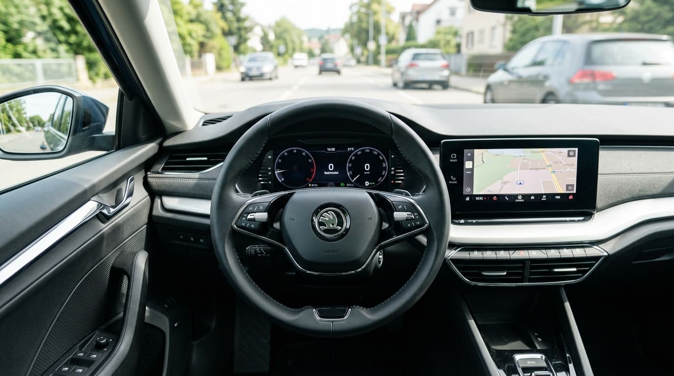 Blick ins Cockpit eines Skoda mit Lenkrad und Instrumententafel im Fokus