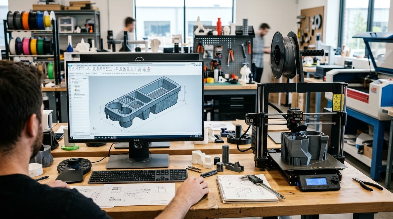 Ein 3D-Drucker stellt ein Kunststoffteil her, während auf einem Monitor daneben ein digitales 3D-Modell eines Autoinnenraumzubehörs zu sehen ist.