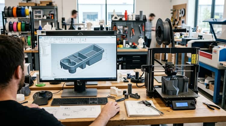 Ein 3D-Drucker stellt ein Kunststoffteil her, während auf einem Monitor daneben ein digitales 3D-Modell eines Autoinnenraumzubehörs zu sehen ist.