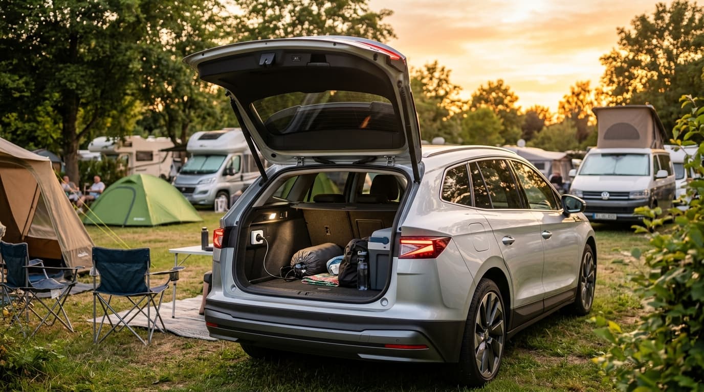 Ein Škoda Elektroauto mit geöffneter Heckklappe auf einem Campingplatz. Im Kofferraum ist die 230-Volt-Steckdose für die Stromabgabe zu sehen.